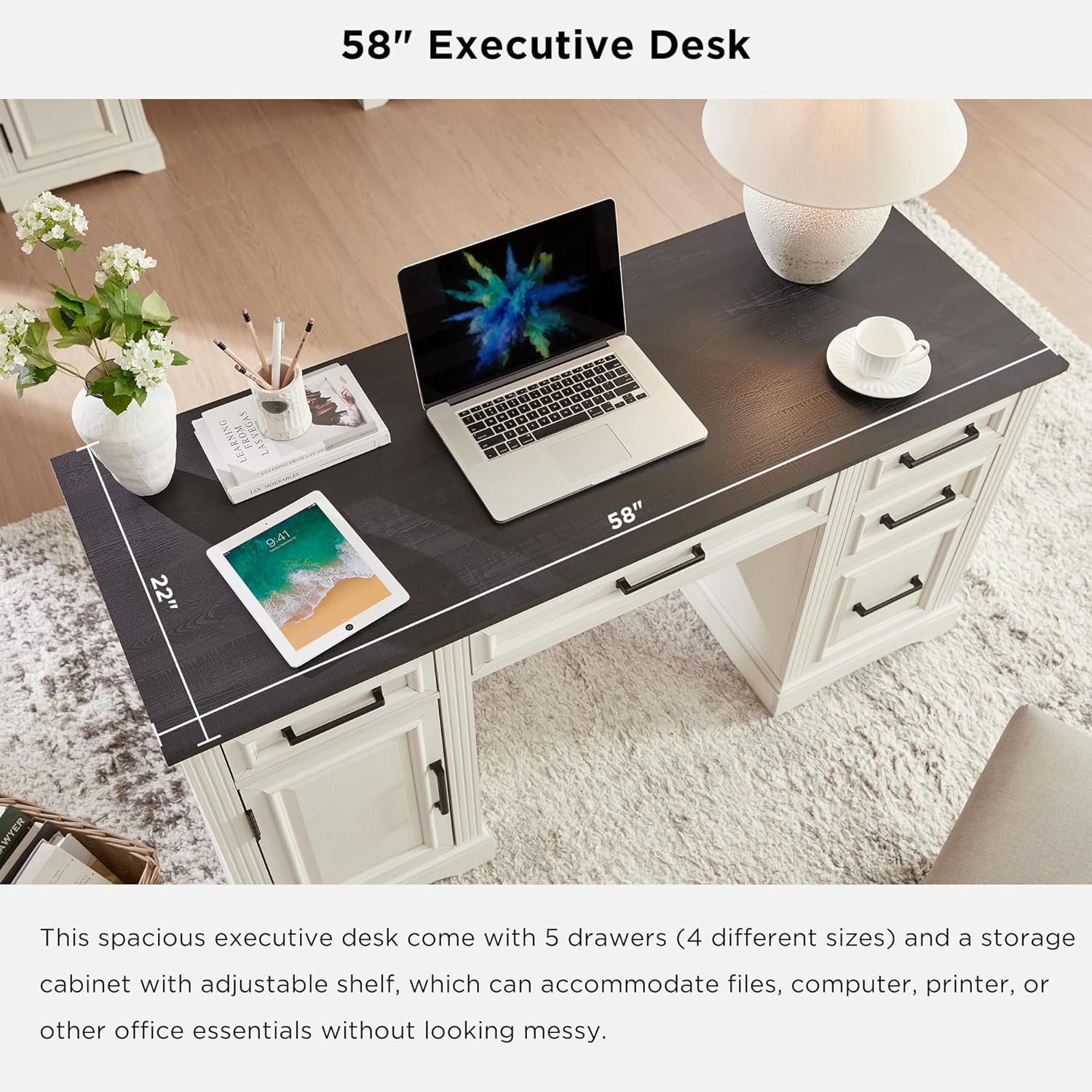 T4TREAM Farmhouse Wood 58" Executive Desk, Home Office 30" High Computer Desk with Drawers and Storage Cabinet, White