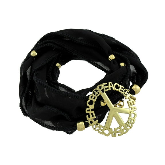Zeckos Black Beaded Ribbon Gold Tone Peace Sign Wrap Bracelet