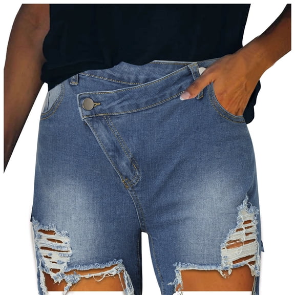 PMVFHDE Denim Shorts Women Retro Ripped Street Washed High Waist Straight Leg With Fringe Detail Blue,XL