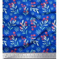 Soimoi Blue Cotton Duck Fabric Snowflake & Red Berries Fruits Decor Fabric Printed Yard 42 Inch Wide
