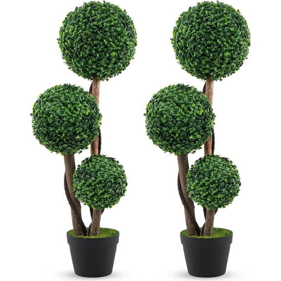 2 Pack Artificial Topiary Ball Tree Outdoor with Pot, 3FT Boxwood Faux Topiary Tree with 3 Topiary Balls, Faux Shrubs Green  Detachable Sphere Potted Decorative Indoor Outdoor (2)