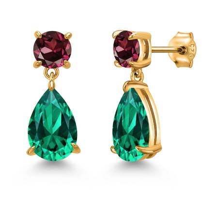 Gem Stone King 18K Yellow Gold Plated Silver Green Nano Emerald and Red Rhodolite Garnet Earrings for Women | 6.88 Cttw | Gemstone May Birthstone | Pear Shape 12X8MM
