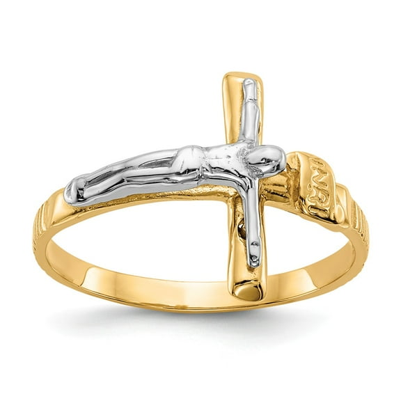 14K Two-Tone Gold Ring Band Themed Polished INRI Crucifix