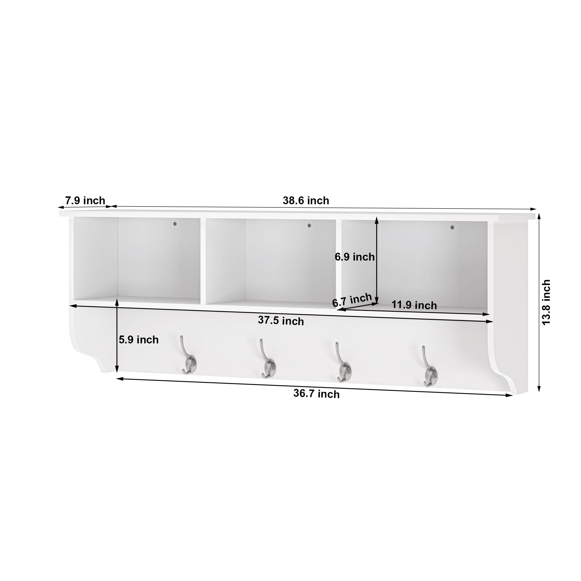 Wall Mounted Entryway Cabinet 38.58x7.87x13.78 Inch MDF with 4 Hooks Storage Shelf for Hallway Living Room