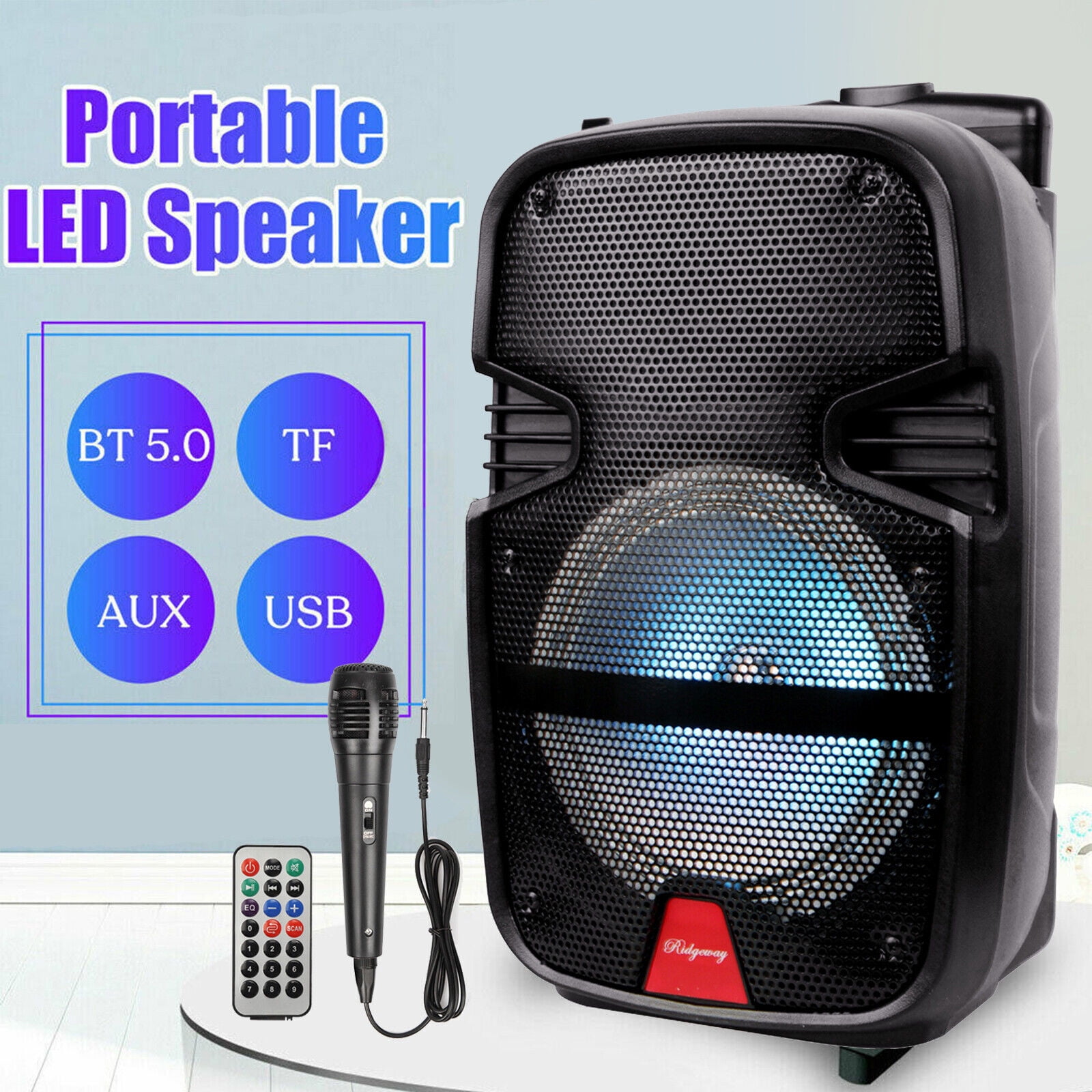 Lohoms Portable Wireless Speaker, FM Rechargeable Bluetooth Speaker 8" Subwoofer with Microphone Sound Party PA System AUX, Remote, Handle, Wheels, 7.6lbs
