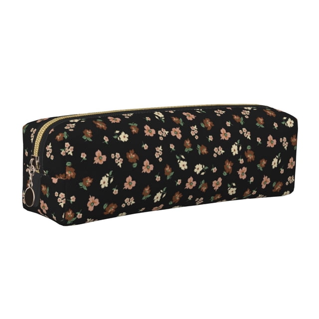 Easygdp Flower Pattern On Black para Estuche de Lápices de Cuero, Estuche de Papelería de Cuero, Estuche de Gran Capacidad con Cremallera