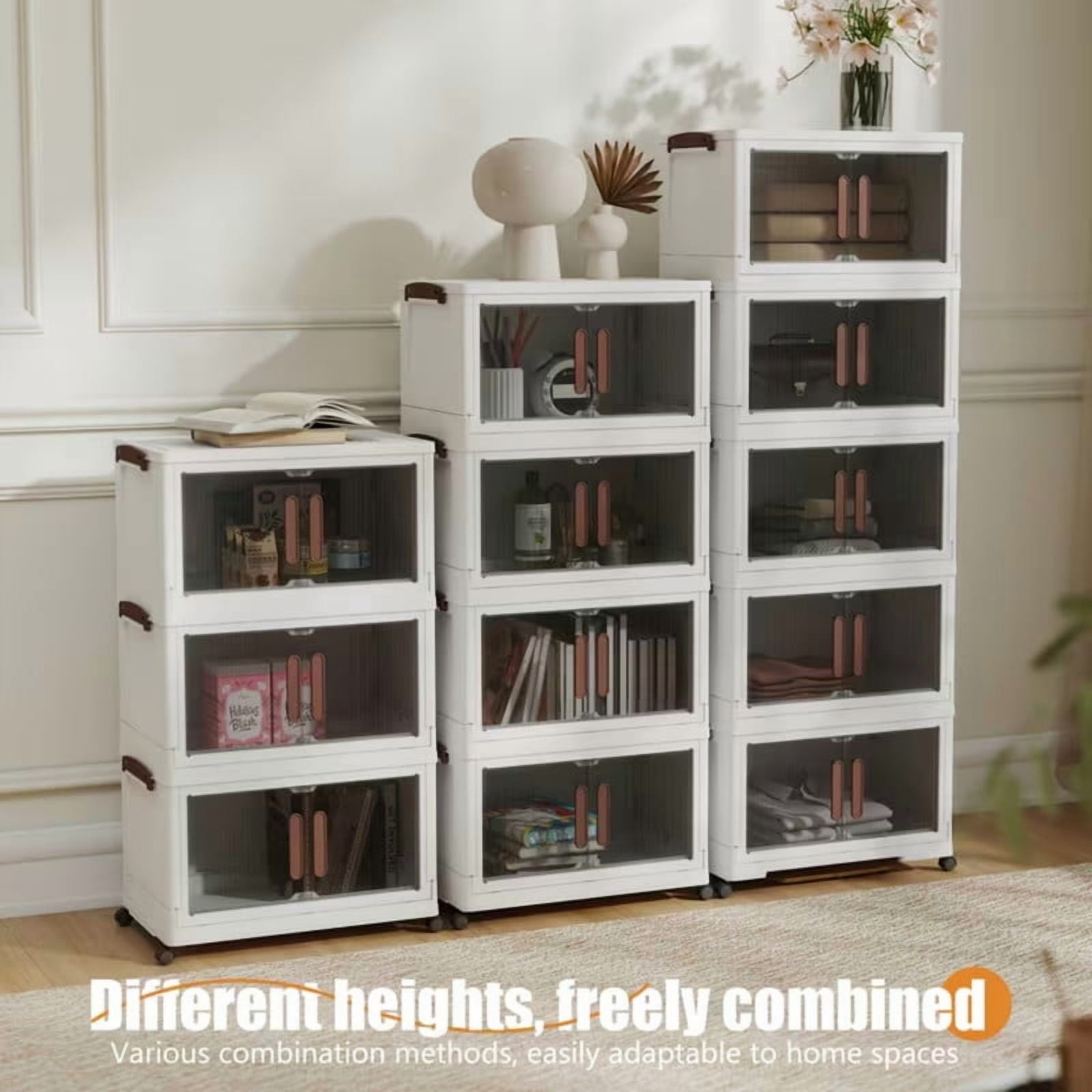 Howcool 3/4/5-Tier Stackable Storage Bins with Lid, Foldable Storage Box Cabinet with Wheels & Acrylic Doors
