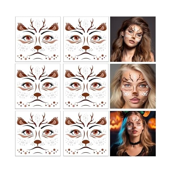 wonima02 6 Sheets Halloween Deer Full Face Tattoos, Reindeer Face Stickers for Adults Man or Women Halloween Deer Costume Accessories, Elk Face Decals Fawn Horn Temporary Tattoos
