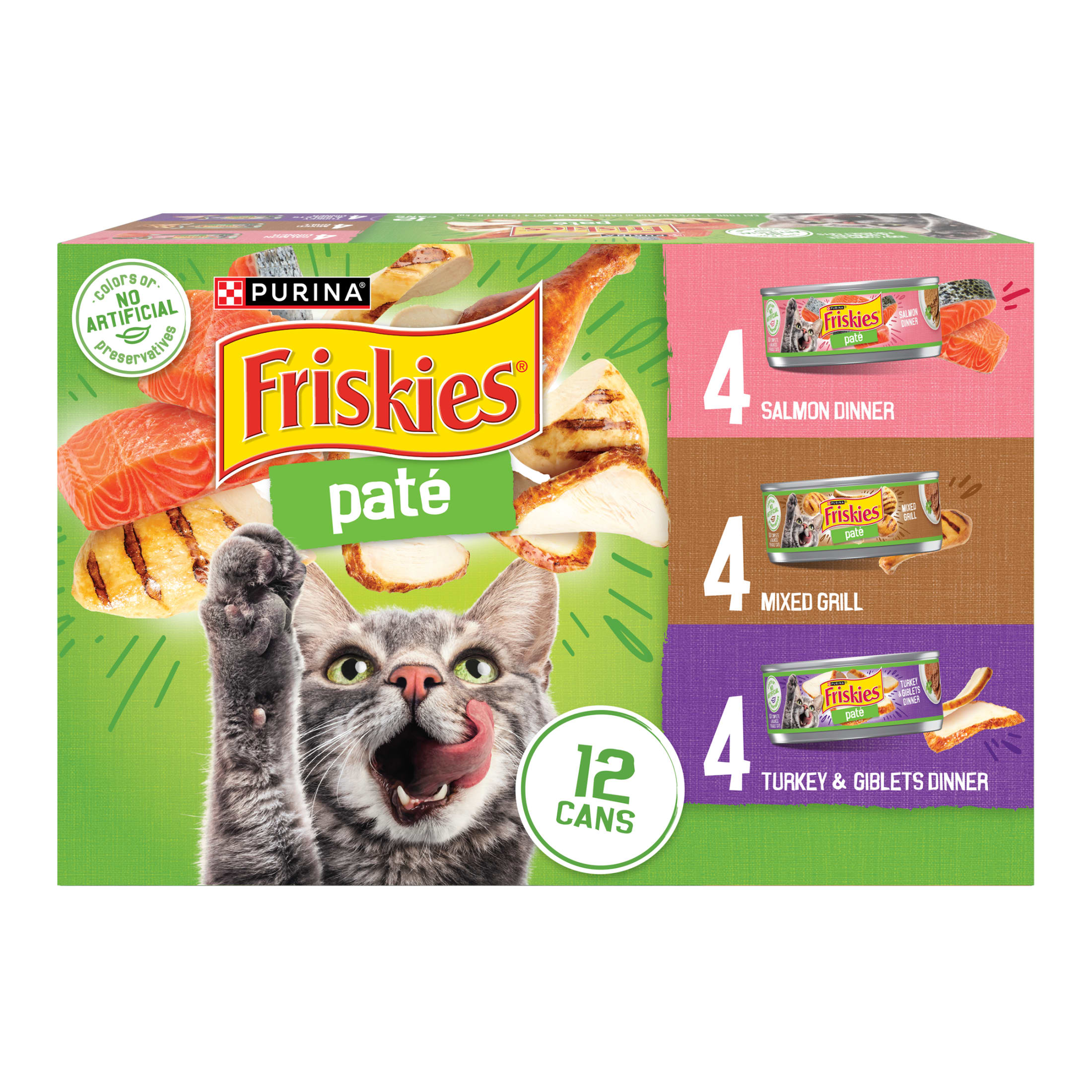 Purina Friskies Wet Cat Food Pate Variety Pack Salmon Dinner, Turkey and Giblets Dinner and Mixed Grill, 5.5 oz.