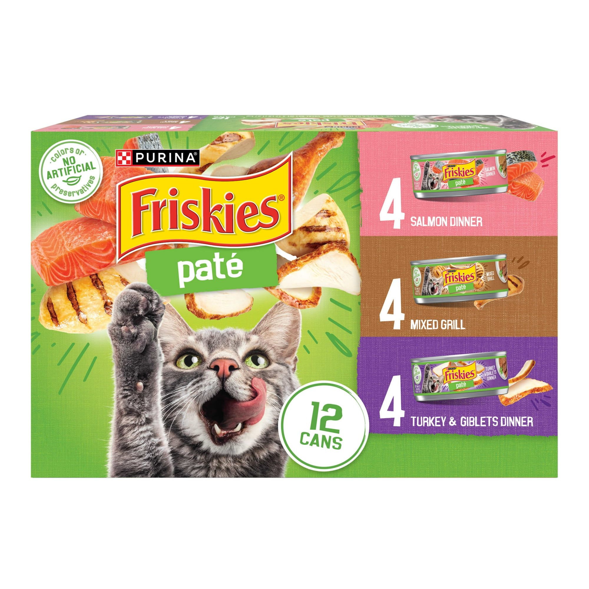 Purina Friskies Salmon Dinner, Turkey & Giblets Dinner, & Mixed Grill Pate Wet Cat Food Variety Pack, 5.5 oz Cans, 12 Pack