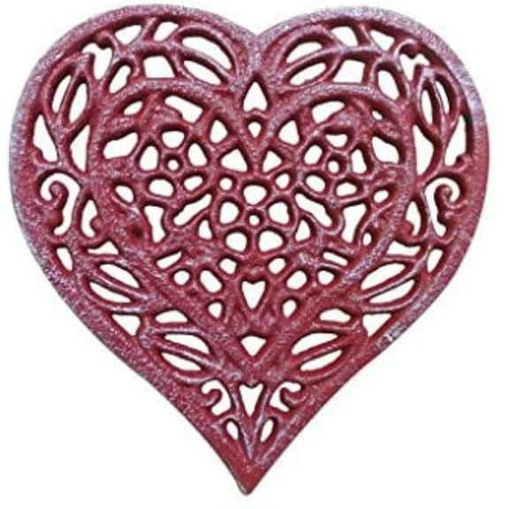 Rustic Red Whitewashed Cast Iron Heart Shaped Trivet 7" - Decorative Trivet -