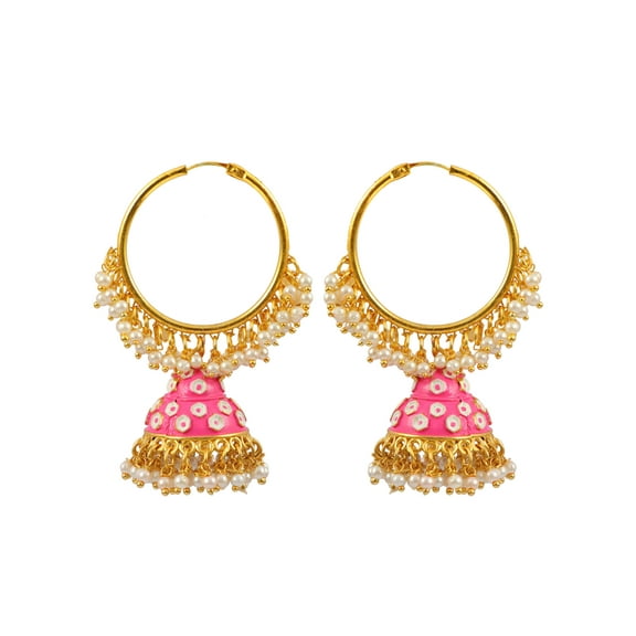 Crunchy Fashion Bollywood Jewellery Traditional Ethnic Bridal Bride Wedding Bridesmaid Gold Plated Handcrafted Enamel Royal Pink Meenakari Hoop Earrings