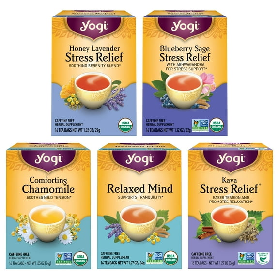 Yogi Tea Stress Relief & Relaxation Tea Variety Pack Sampler - 16 Tea Bags per Pack (5 Packs) - Organic Relaxing Tea Sampler Set - Blueberry Sage Stress Relief, Comforting Chamomile Tea & More