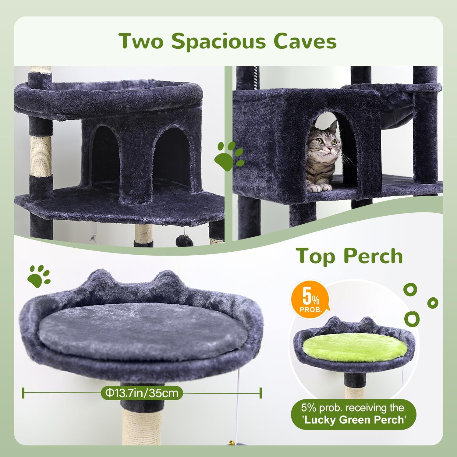 Sturdy 72" Heavy Duty Cat Tree for Large Cats 20 lbs+ with 6 Scratching Posts & Hammock, CT73S, Dark Gray