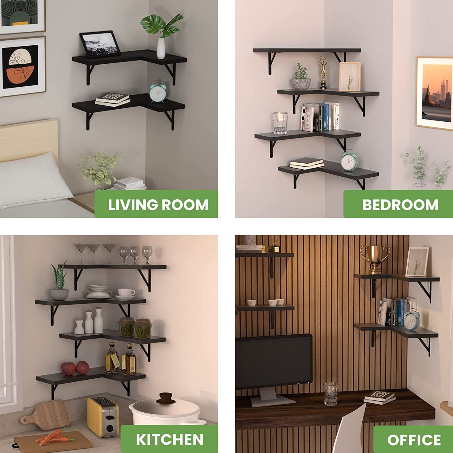Corner Floating Shelves Set of 4, Corner Shelves Wall Mounted, for Bedroom Kitchen Living Room Bathroom Office- Gothic Style (Black, Set of 4)