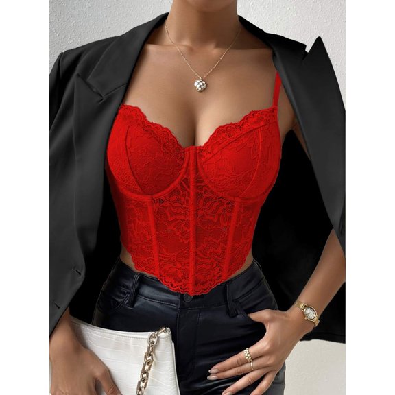Red Lace Bustier Cami Top With Spaghetti Straps And Corset Detail