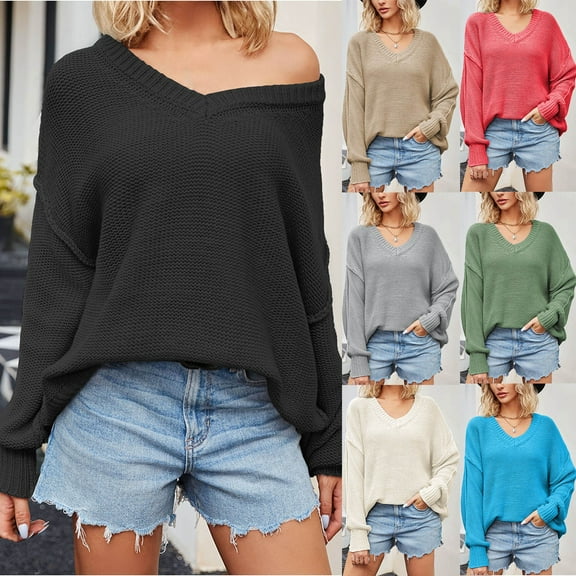 Lovskoo 2024 Sweaters for Women Trendy Solid Long Sleeve V-Neck Pullover Allow Sweater Black