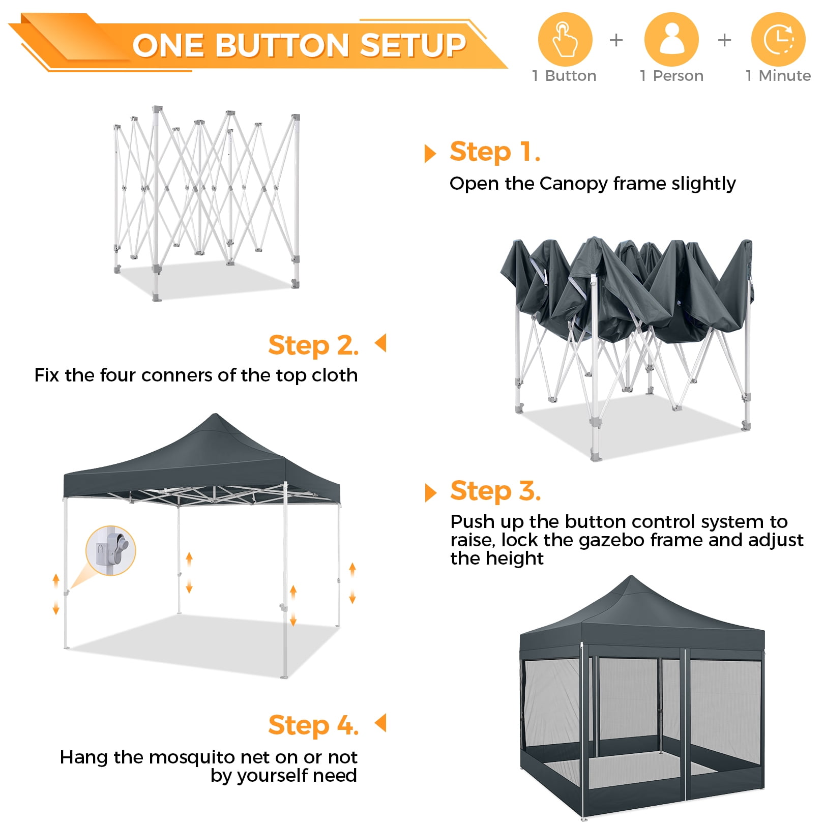 COBIZI 10x10 Heavy Duty Canopy, Pop Up Canopy Gazebo with Netting, Waterproof & Sunproof Party Tent with Mosquito Net, Outdoor Instant Canopy for Outside Party Backyard, Weddings, Birthdays, Gray
