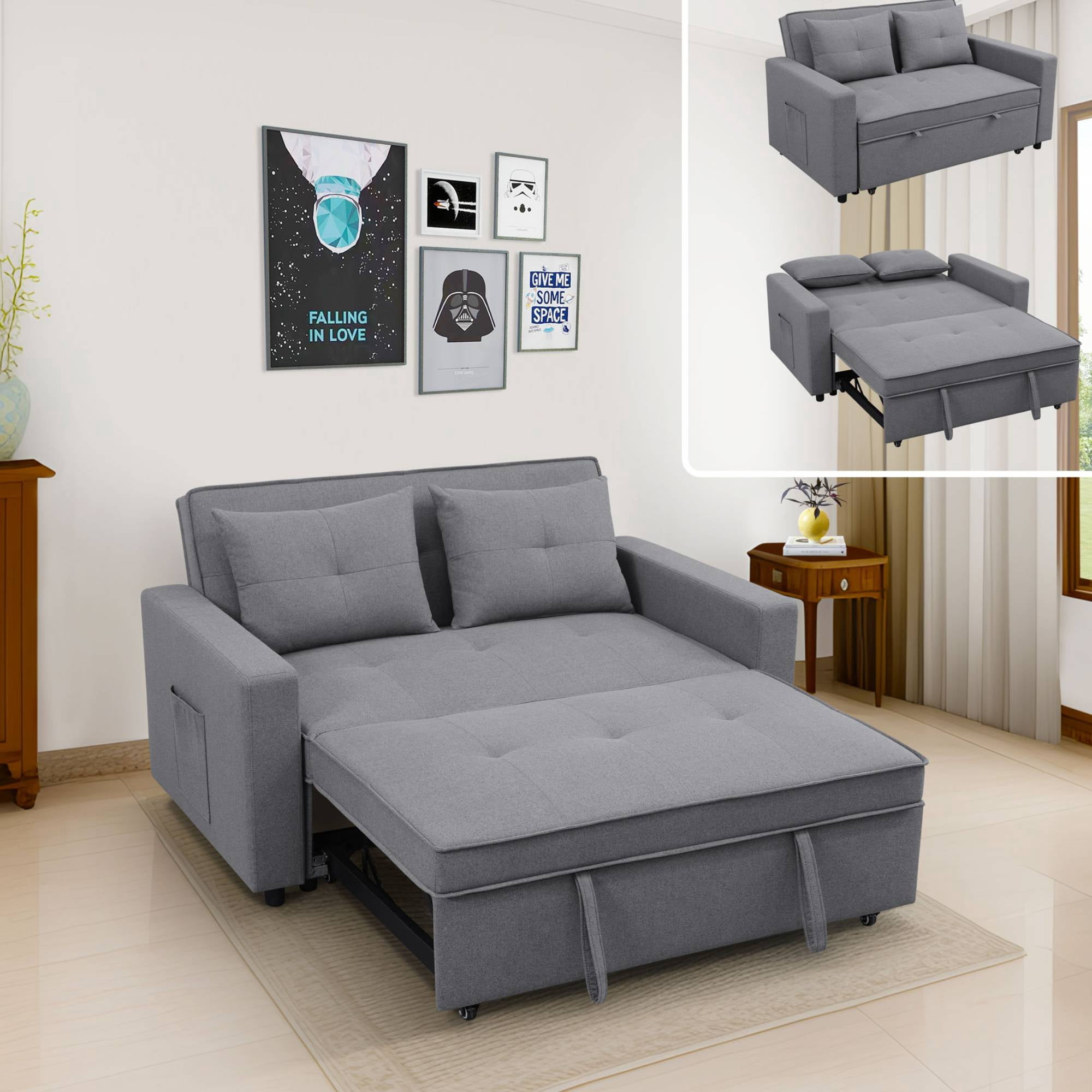 3-in-1 Convertible Sleeper Sofa Bed, Modern Futon Loveseat Velvet Pull-Out Couch Bed with Adjustable Backrest & Side Storage Pockets for Small Living Room, Grey