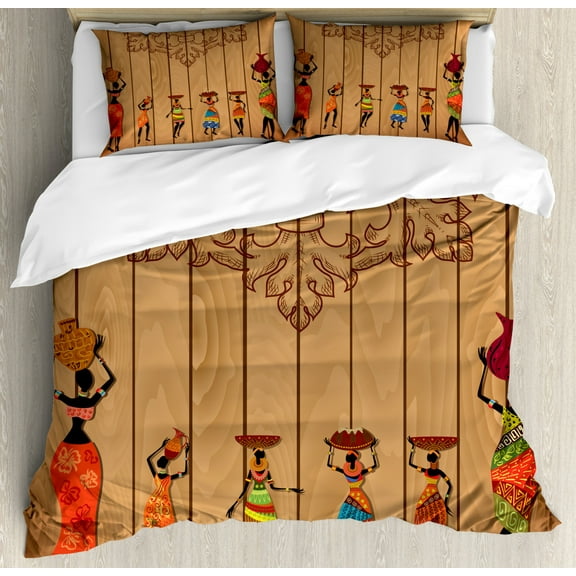African Duvet Cover Set Queen Size, Ancient African Girl Images on Vintage Wooden Texture Ethnic Female Fashion Art Concept, Decorative 3 Piece Bedding Set with 2 Pillow Shams, Multi, by Ambesonne