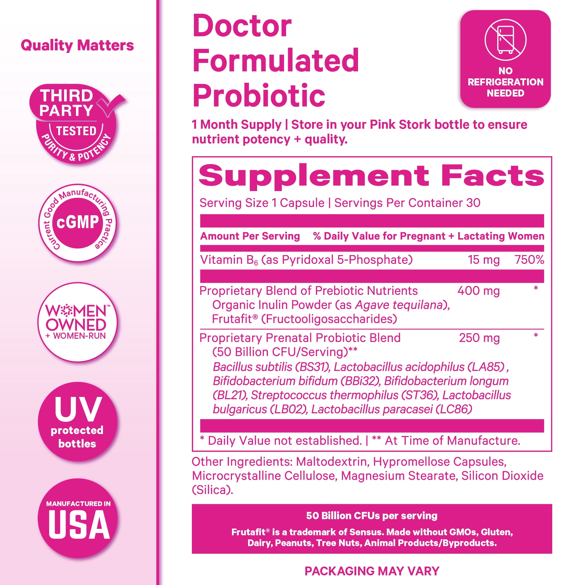 Pink Stork Prenatal Probiotics for Women with Vitamin B6 and Prebiotics- Mint Scented- 30 Capsules