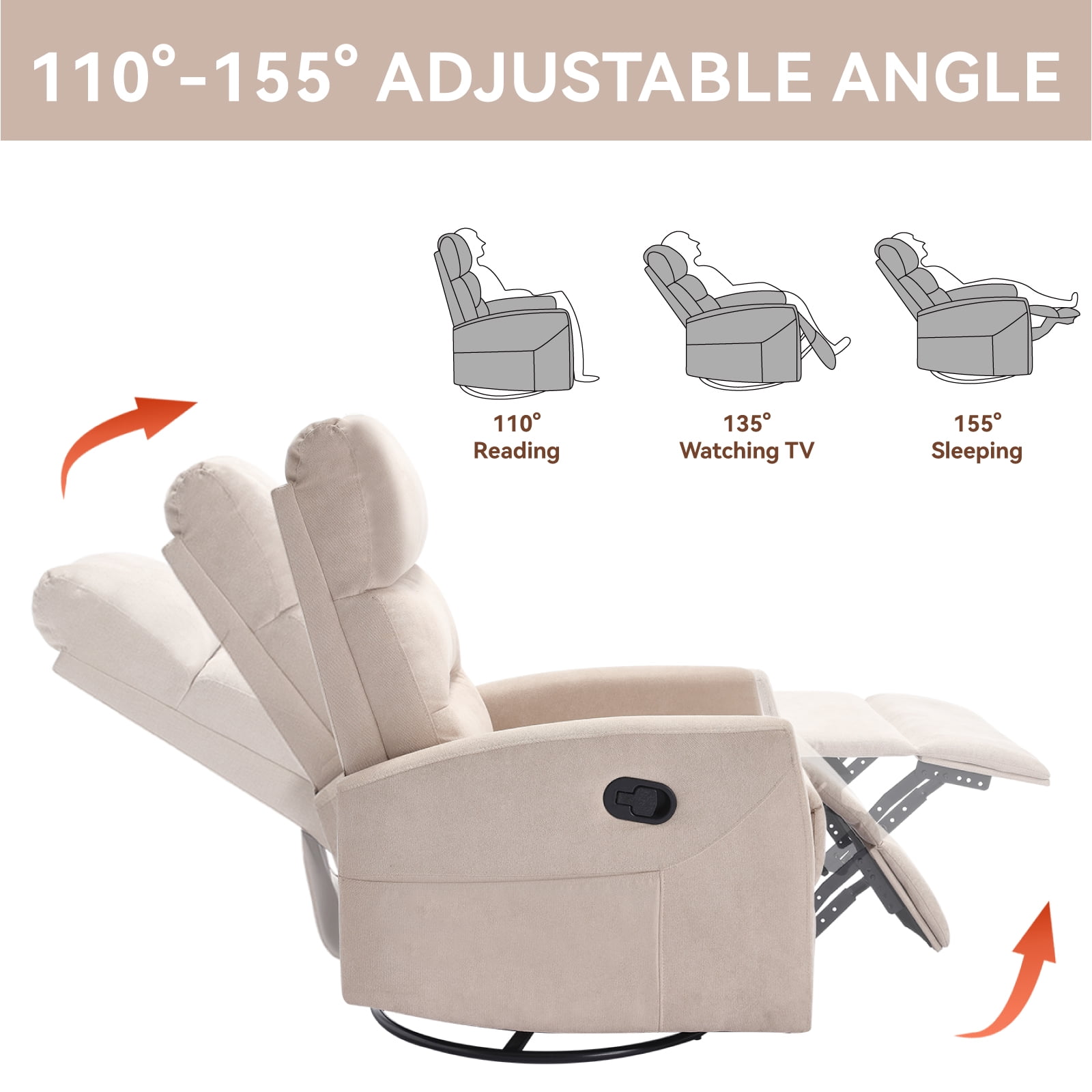GAKMCIL 360 degree Swivel Manual Recliner Rocking Chair in Fabric with Rocker and Side Pocke, Maximum inclination 155 degrees, Max load 400lb for Living Room, Bedroom, Home Theater, Gift (Beige)