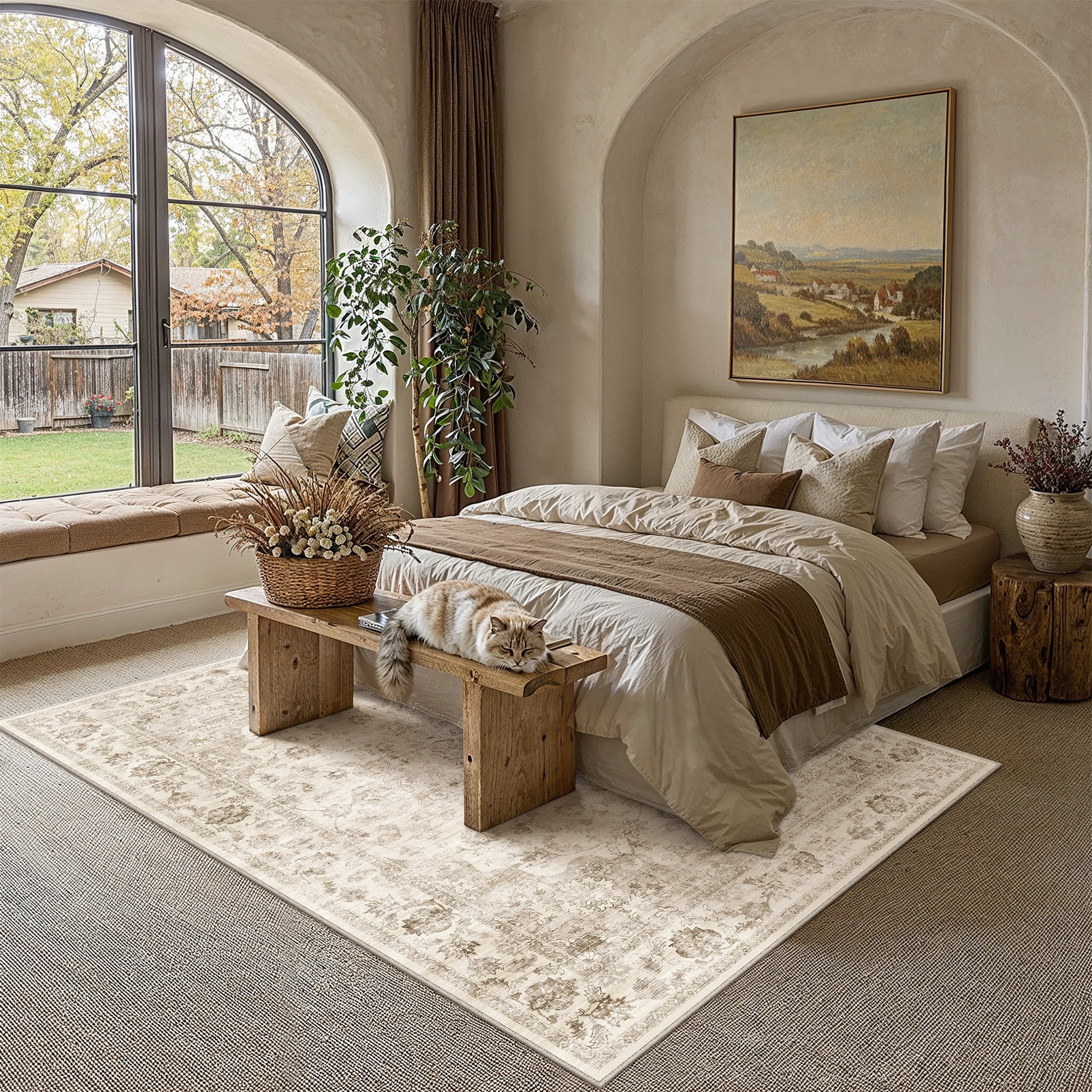 BERTHMEER 9'x12' Large Area Rugs for Living Room Bedroom Office Beige Vintage Non Slip Washable Farmhouse Dining Room Oriental Traditional Distressed Rugs