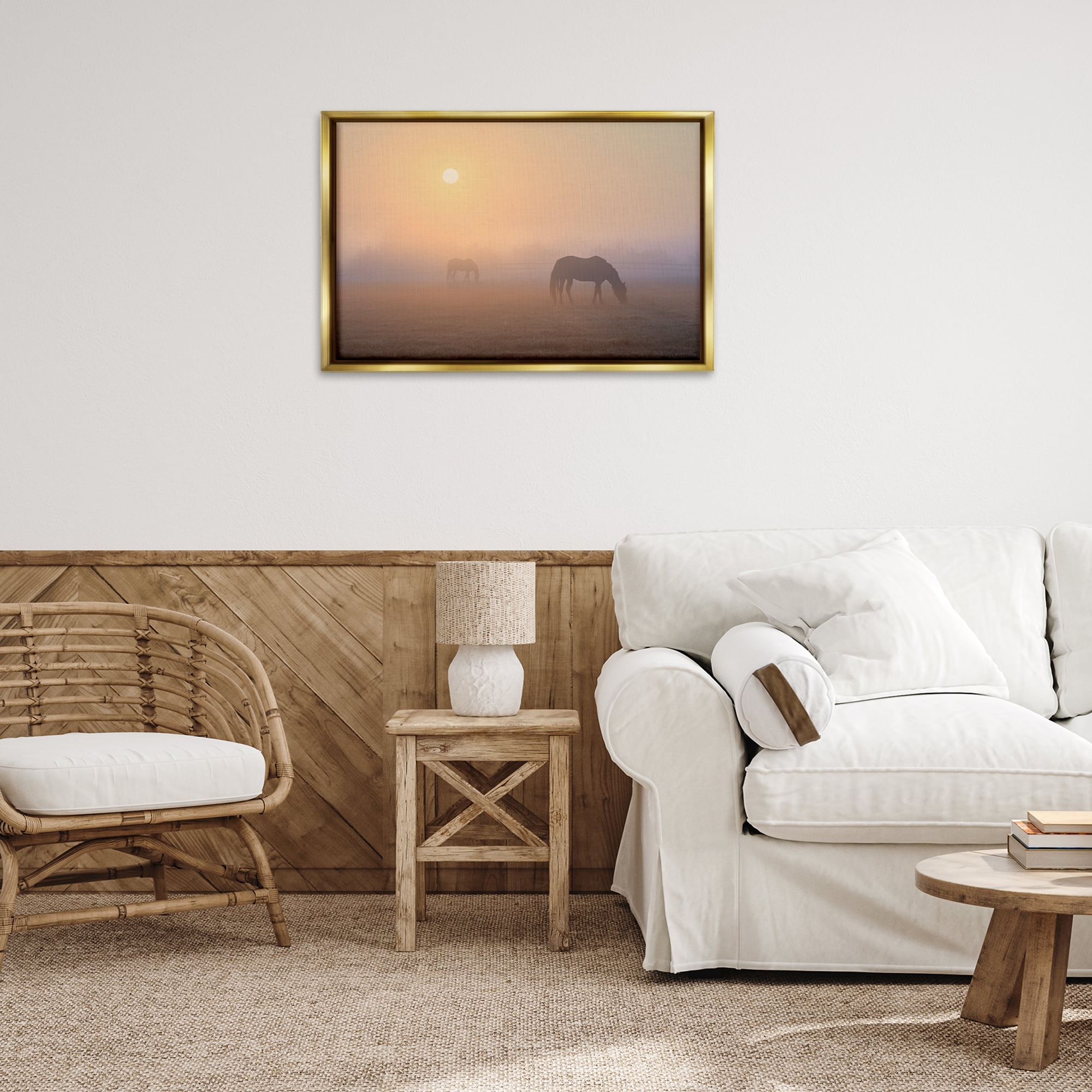 Stupell Industries Misty Sunlit Horses Landscape & Nature Photography Gold Floater Framed Canvas Art Print Wall Art, 31 x 21