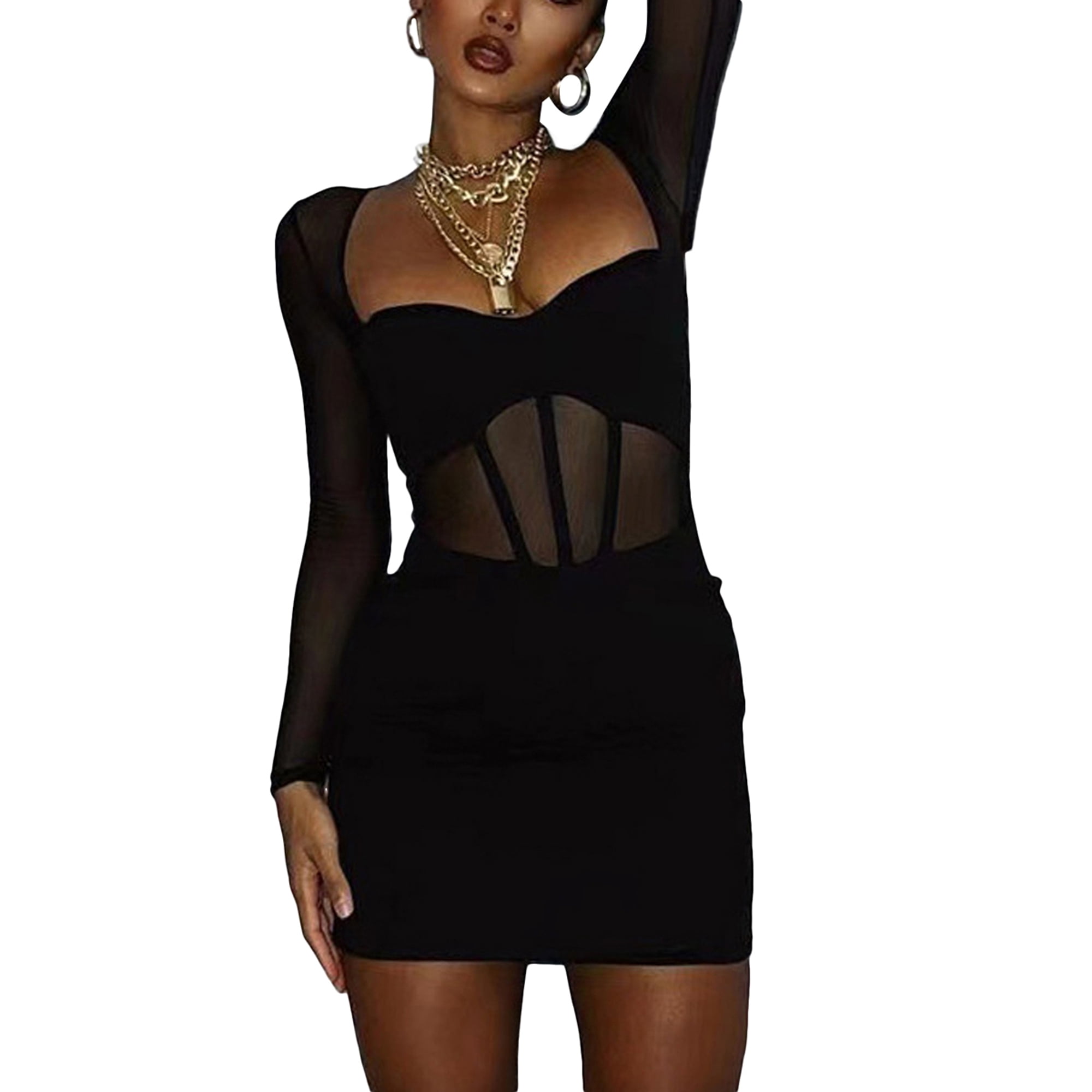 WIFORNT Femmes Manches Longues Robe Moulante Couleur Unie Maille Epissage Transparent Cou Carre Cocktail Robe Parti Club Skinny Mini Robe Walmart