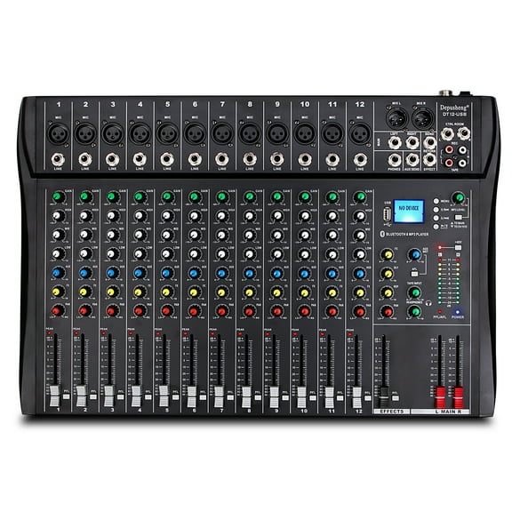 Depusheng DT12 Professional Audio Mixer 12 Channel DJ Sound Controller Interface w/USB Drive for Computer Recording Input, XLR Microphone Jack, 48V Power, RCA Input/Output