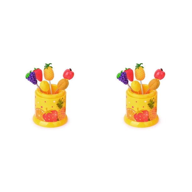 Bearachild Paquete de 6 palillos de frutas con soporte de acero inoxidable postre aperitivo tenedores caja de almuerzo palillos de Amarillo 2piezas