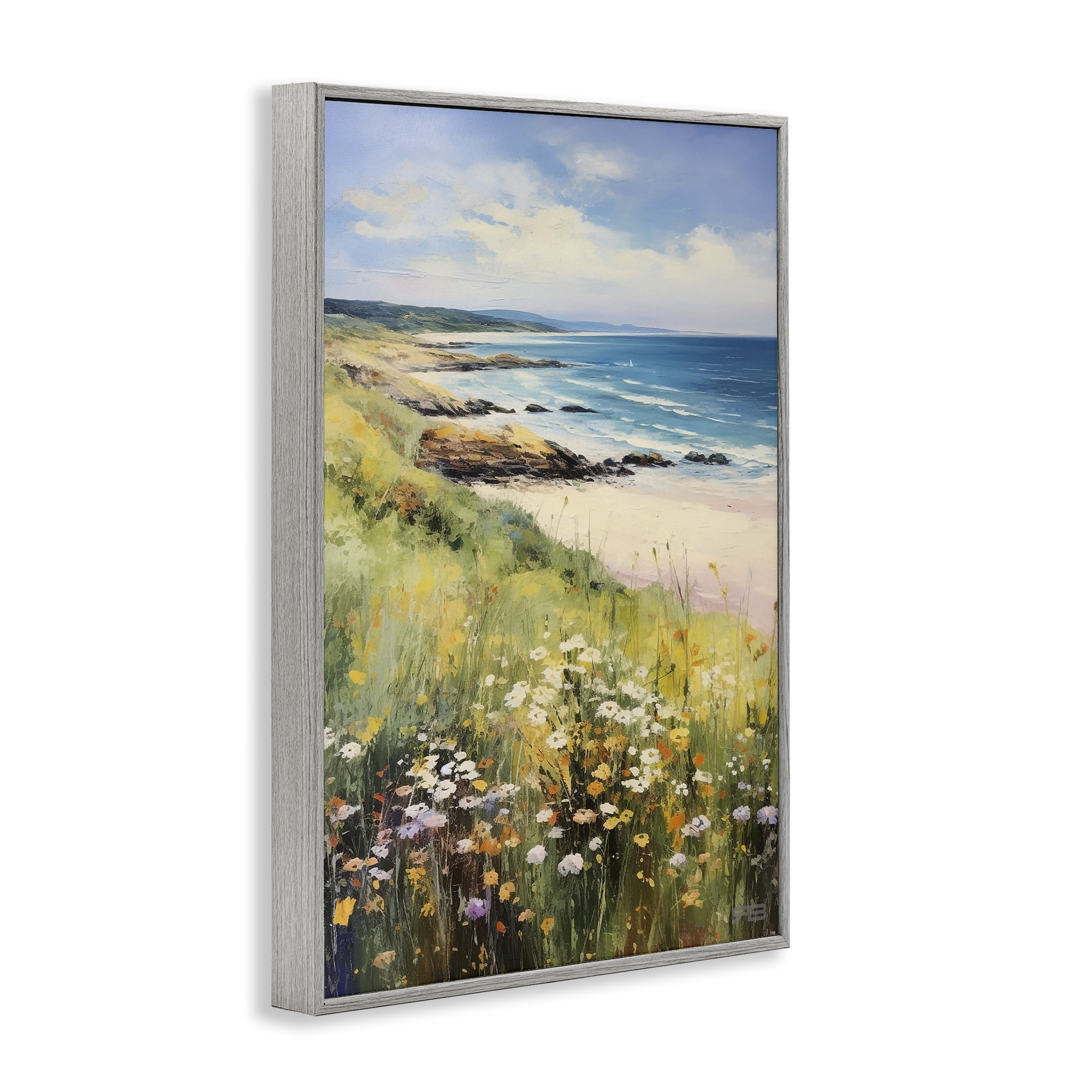 Stupell Industries Meadow Beside Beach Landscape Painting Gray Framed Art Print Wall Art, 12 x 18