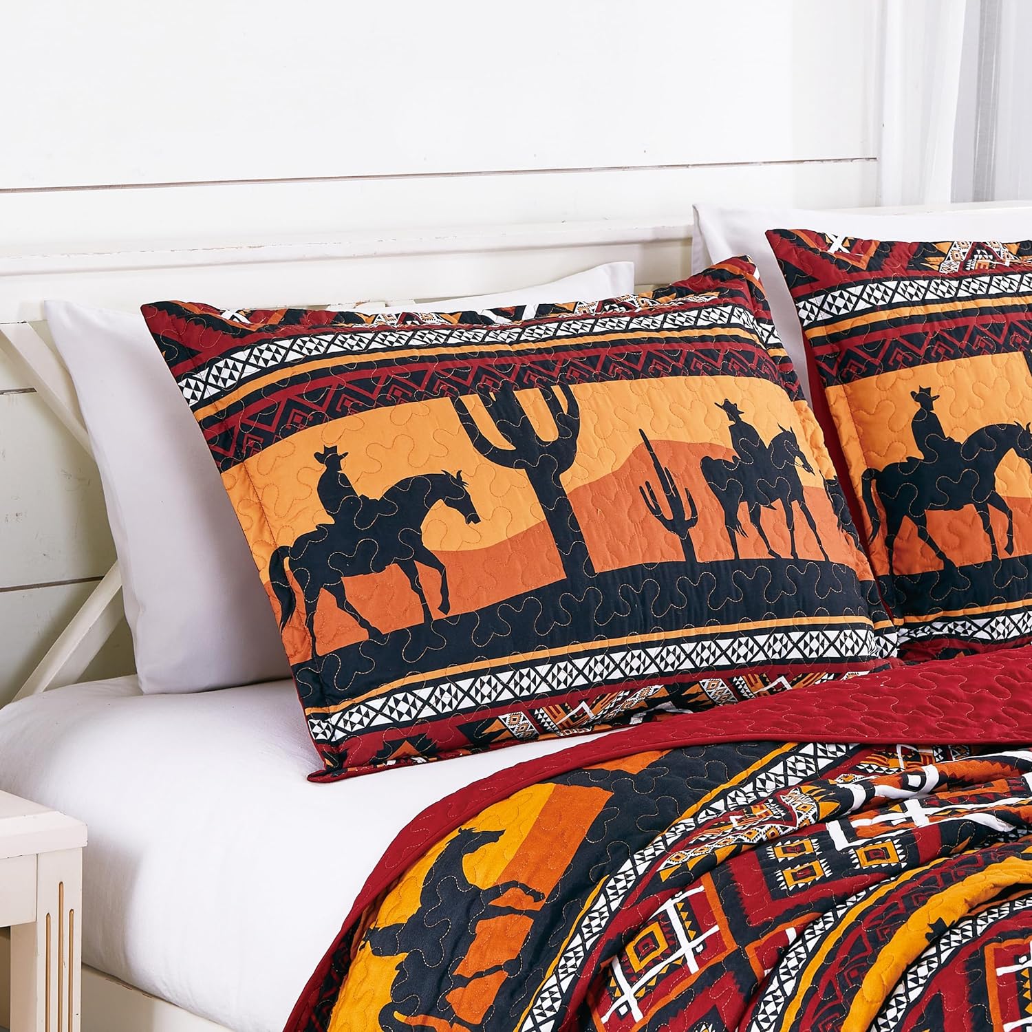 Chezmoi Collection Rodeo 2-Piece Southwestern Sunset Cowboys Quilt Set Twin, Multicolor Red Orange Black White Printed Microfiber Lightweight Bedspread Set for All season