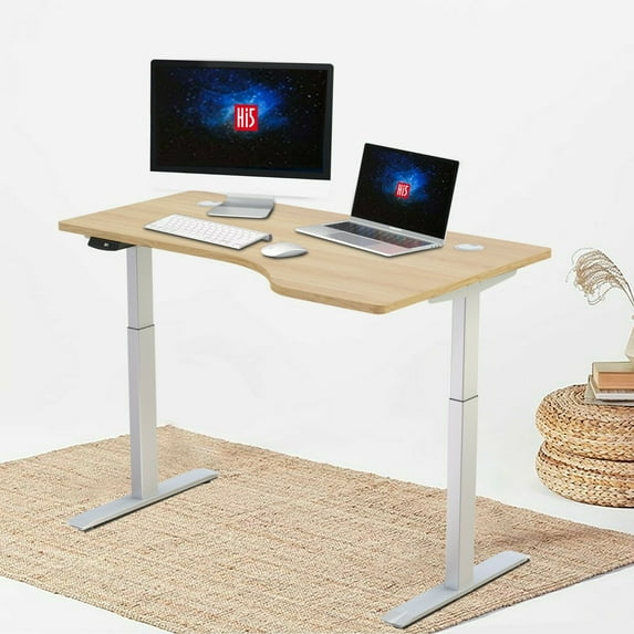 Hi5 L-Shaped (55"x33") Electric Height Adjustable Right Handed standing desk for Home Office Workstation -(Oak Color top/ White frame)