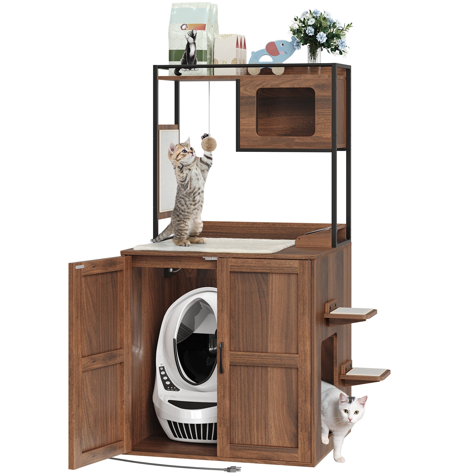 HOOBRO Cat Tree with Hidden Litter Box Enclosure & Scratching Mat, Walnut