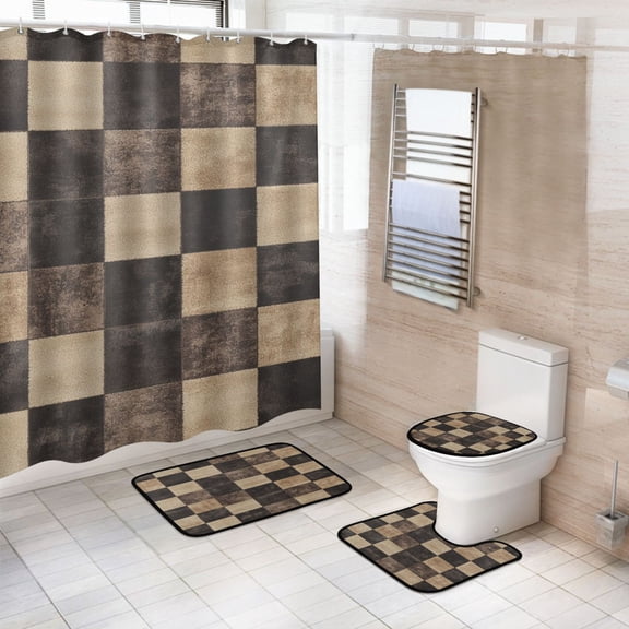 4-Piece Bathroom Set with Waterproof Shower Curtain with Non-Slip Bath Mat, U-Shaped Mat & Toilet Lid Cover Brown and Black Tartan