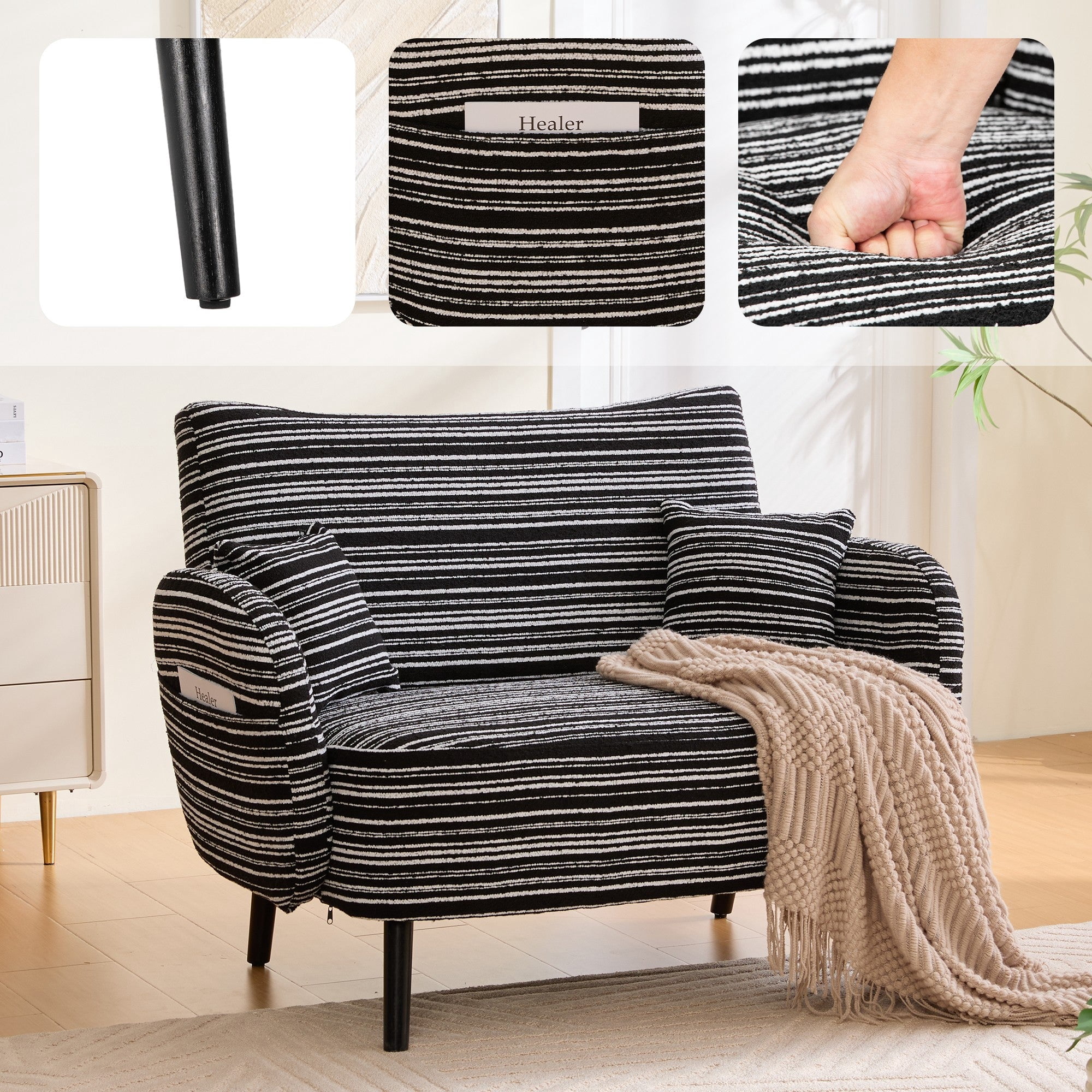 Sailvan Modern 2-Seater Loveseat Sofa with Side Storage Pockets & Armrest Pillows,Deep Seated Small Space Couch Black