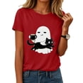 thumbnail image 2 of COMVALUE Ghost Cat Mug Illustration Wear T Shirt, Cute Cartoon Ghost Cat Graphic Shirt, Trick Treat Party Tee (Red, L), 2 of 9