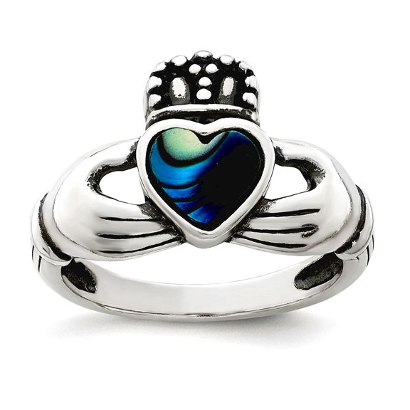 925 Sterling Silver Oxidized Abalone and Enamel Irish Claddagh Celtic Trinity Knot Ring Size 7 Ring for Women