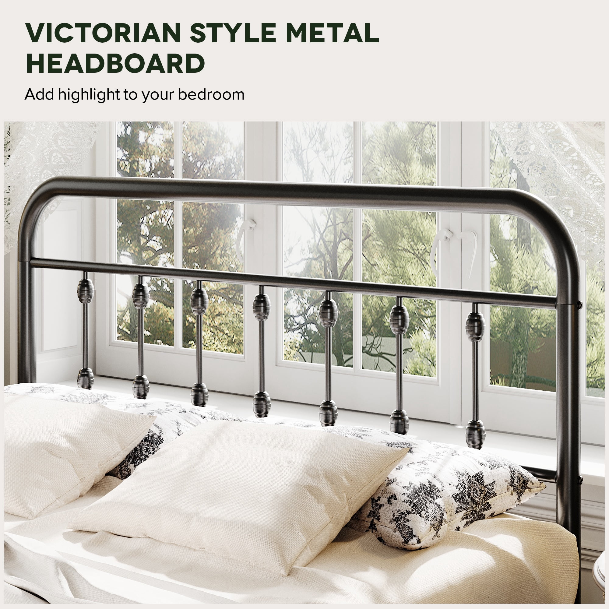 Einfach Full Bed Frame, Metal Platform Bed with Vintage Headboard, No Box Spring Needed, Heavy Duty, Black