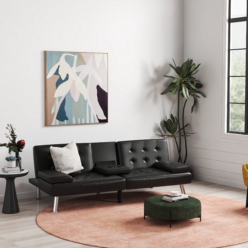 Uforic Modern Black Faux Leather Foldable Couch Set, Adjustable Loveseat w/ Detachable Armrests & Dual Cup Holders