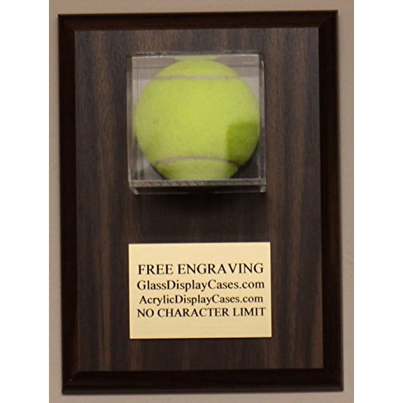 Tennis Ball Personalized Custom Wall Mount Display Case Holder - Wood Plaque with Walnut Finish - Free Engraving