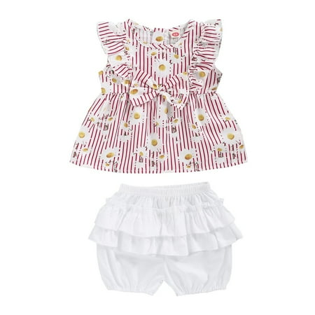 

12 Months Baby Girls Clothes 18 Months Toddler Baby Girls Summer 2PCS Outfits Flower Print Stripe Sleeveless Top Ruffle Shorts Set Pink