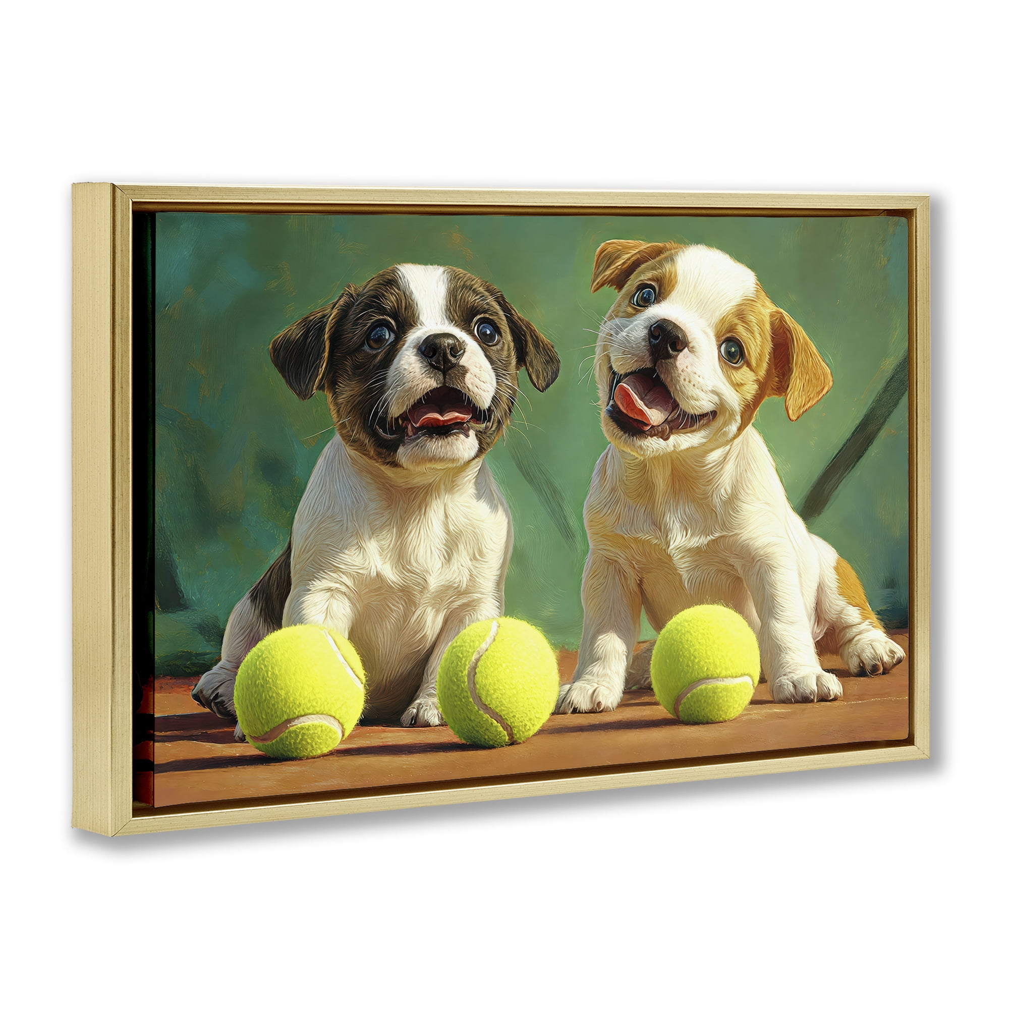 Stupell Industries Adorable Puppies with Tennis Balls Gold Framed Floater Canvas Wall Art, design by Imagine It Images