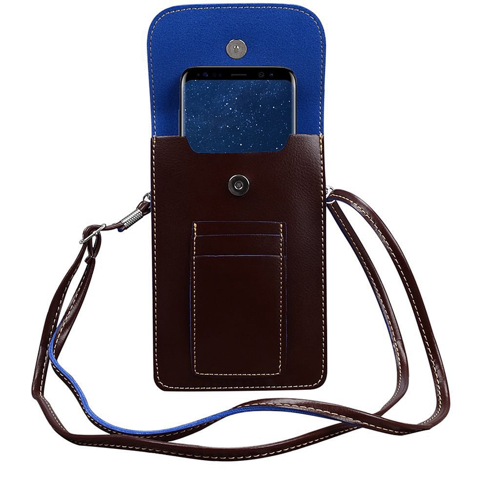 BUNDLE: Vegan Leather Vertical Crossbody Smartphone Pouch Wallet (Brown) & Deluxe Stereo Hands-Free Headset (Pink) - for Smartphones up to 6.5-inch, Shoulder Strap, Headphones w/ Microphone