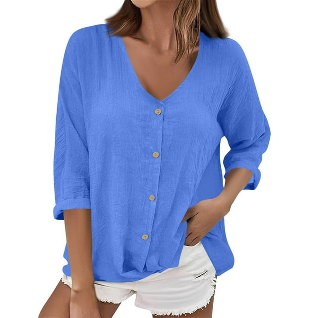BLVB Long Sleeve Shirts for Women Button down V Neck Tops Solid Color Casual Loose Beach Vacation Blouses for Fall