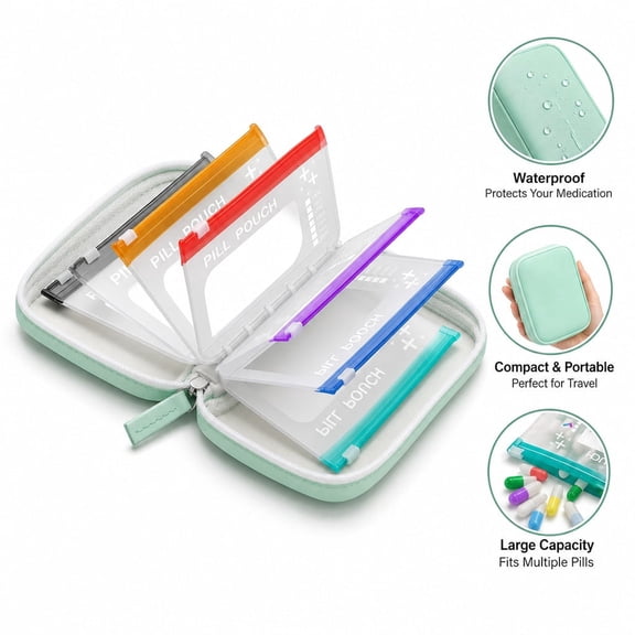 Waterproof Pill Pouch Set, 7 Page Portable Daily Medicine Organizer Bag with Pill Containers for Travel, Green