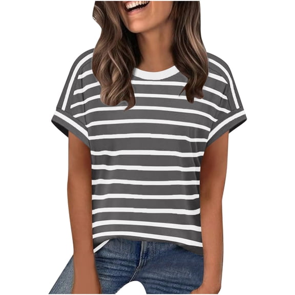Craaazy Women's Casual Striped Crew Neck Cap Sleeve T-Shirt Loose Fit Comfy Breathable Top for Daily Wear Gifts