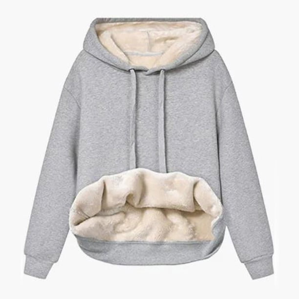 Sudadera con capucha y forro polar cálido para mujer, informal, de inviernoLight gray