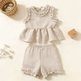 thumbnail image 6 of Vornjynx Girls Outfit Sets Ruffle Hem Cotton T-Shirt and Plaid Shorts Crew Neck Sleeveless Summer Casual Trendy Clothes 2 Piece Beige Size 13-14, 6 of 9